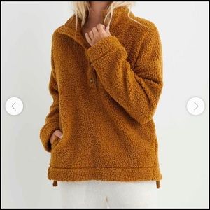 Aerie Sherpa Sweater in Brown / mustard button up
